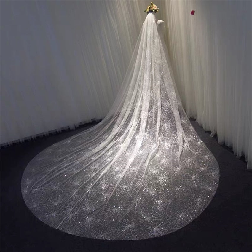 Long Cathedral Fireworks Rhinestone Starry Sky Bridal Wedding Veils With Comb
