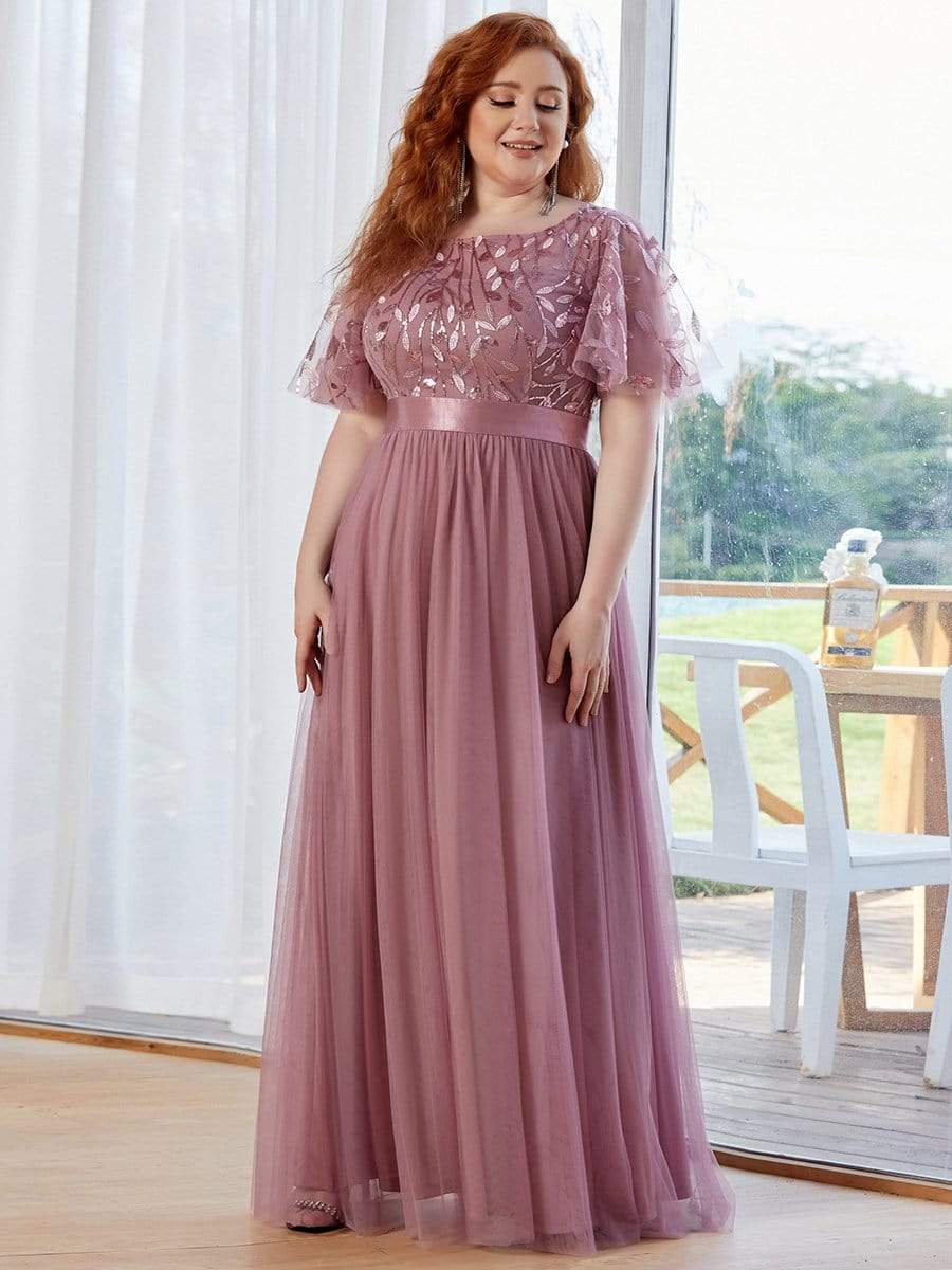 New Plus Size Sparkle Evening Dresses Long A-Line O-Neck Short Sleeve LONG Formal Dresses
