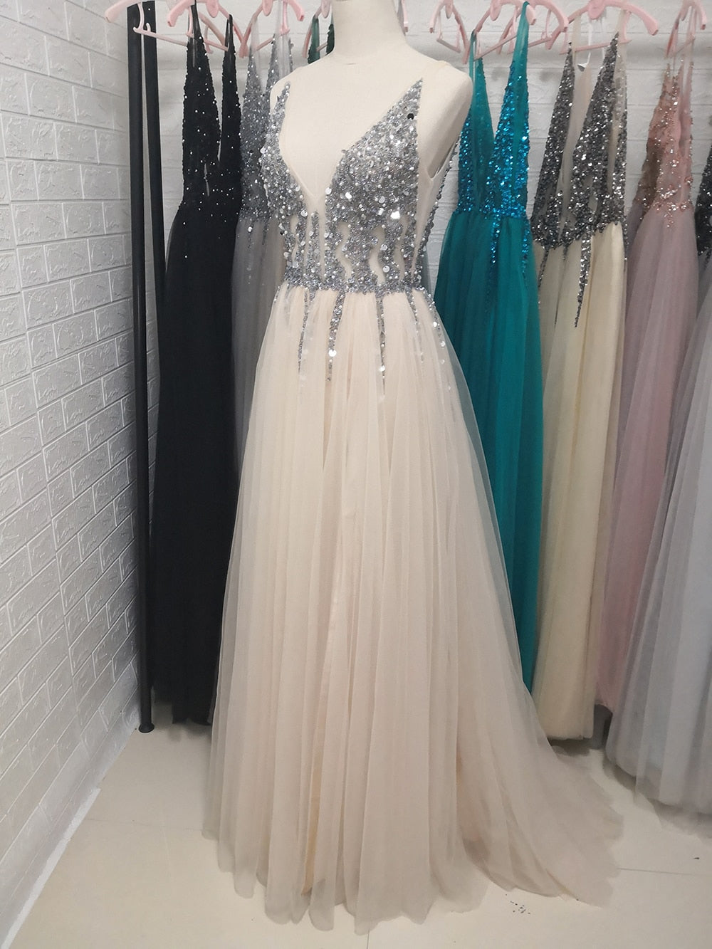 Beading V Neck Light Gray High Split Tulle Sweep Train Sleeveless A-Line Backless Evening Dress