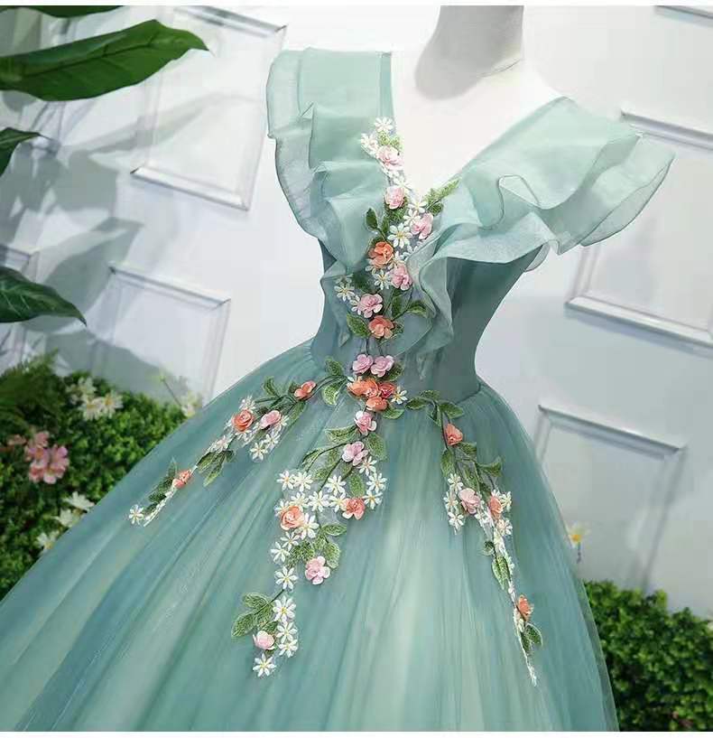 Green Quinceanera Dress, Elegant V-neck Party Prom Ball Gown, Plus Size Floral Print Quinceanera Dresses