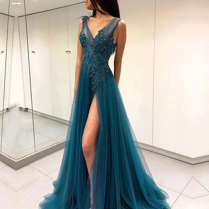 Tulle Evening Dresses | Side Slit A-Line V-Neck Appliques Beads Pleat Party Gown
