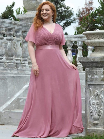 New Women Plus Size Evening Dresses, Long Elegant A Line V Neck Ruffles Chiffon Formal Wedding Party Dress