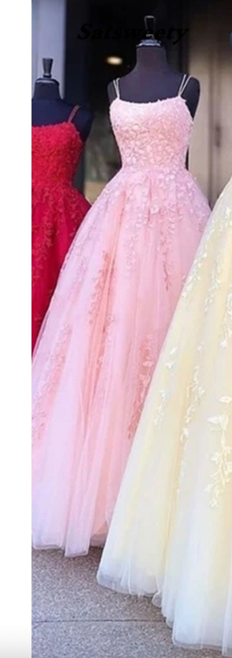 Princess Spaghetti Straps A Line Appliques Tulle Lace up Pink Prom Dresses 2023