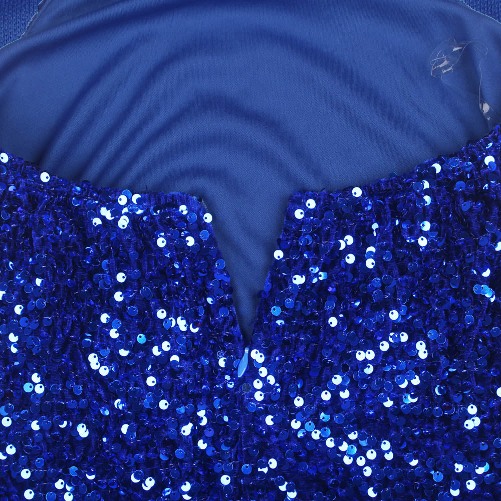 Royal Blue Split Sparkles Stretch Sequin Strapless Floor Length Padded Backless Evening Party Dress