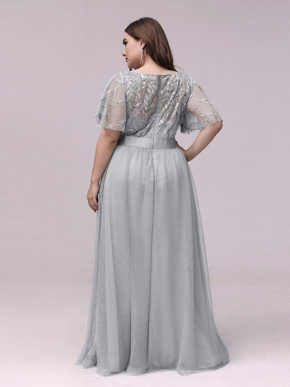 New Plus Size Sparkle Evening Dresses Long A-Line O-Neck Short Sleeve LONG Formal Dresses