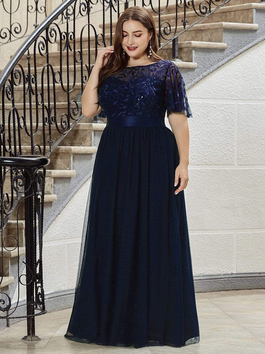 New Plus Size Sparkle Evening Dresses Long A-Line O-Neck Short Sleeve LONG Formal Dresses
