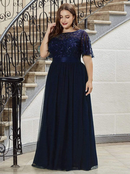 New Plus Size Sparkle Evening Dresses Long A-Line O-Neck Short Sleeve LONG Formal Dresses