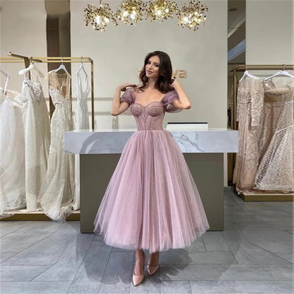 Simple Tulle Off The Shoulder Formal Party Gowns Fitted Bones Women Saudi Arabia Homecoming  Dress