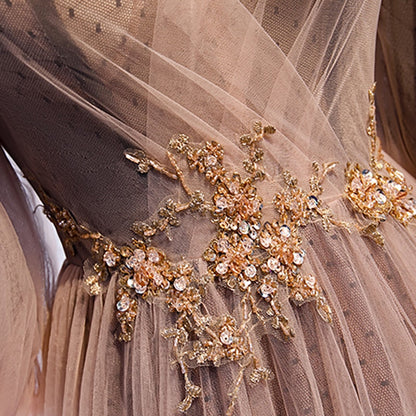 New Spaghetti Strap Half Sleeves Evening Dress Appliques Strapless A-Line Floor-Length New Tulle Party Formal Gown, Long Sleeve Formal Dresses