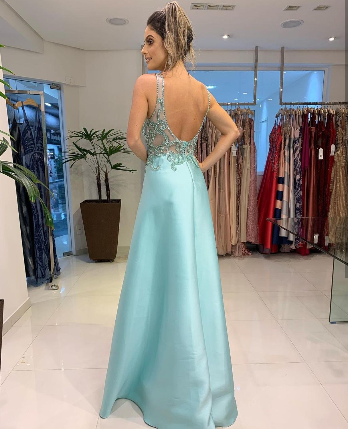 Evening Dress Mint Green Crystal Beaded Spaghetti Strap A Line Satin Backless Sleeveless Gown