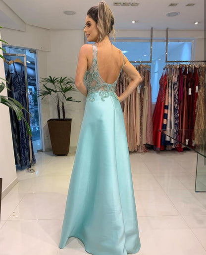 Evening Dress Mint Green Crystal Beaded Spaghetti Strap A Line Satin Backless Sleeveless Gown