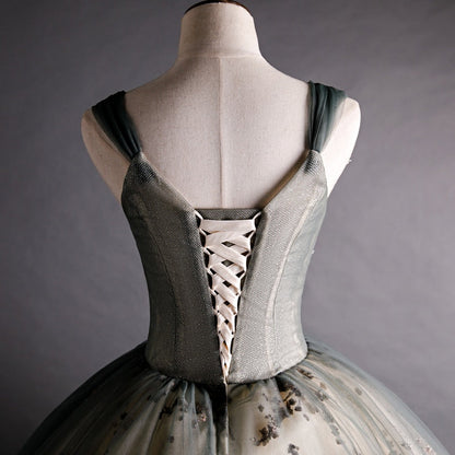 Stylish Vintage Tulle Gown With Dusty Green Floral Beads Quinceaneras Dress