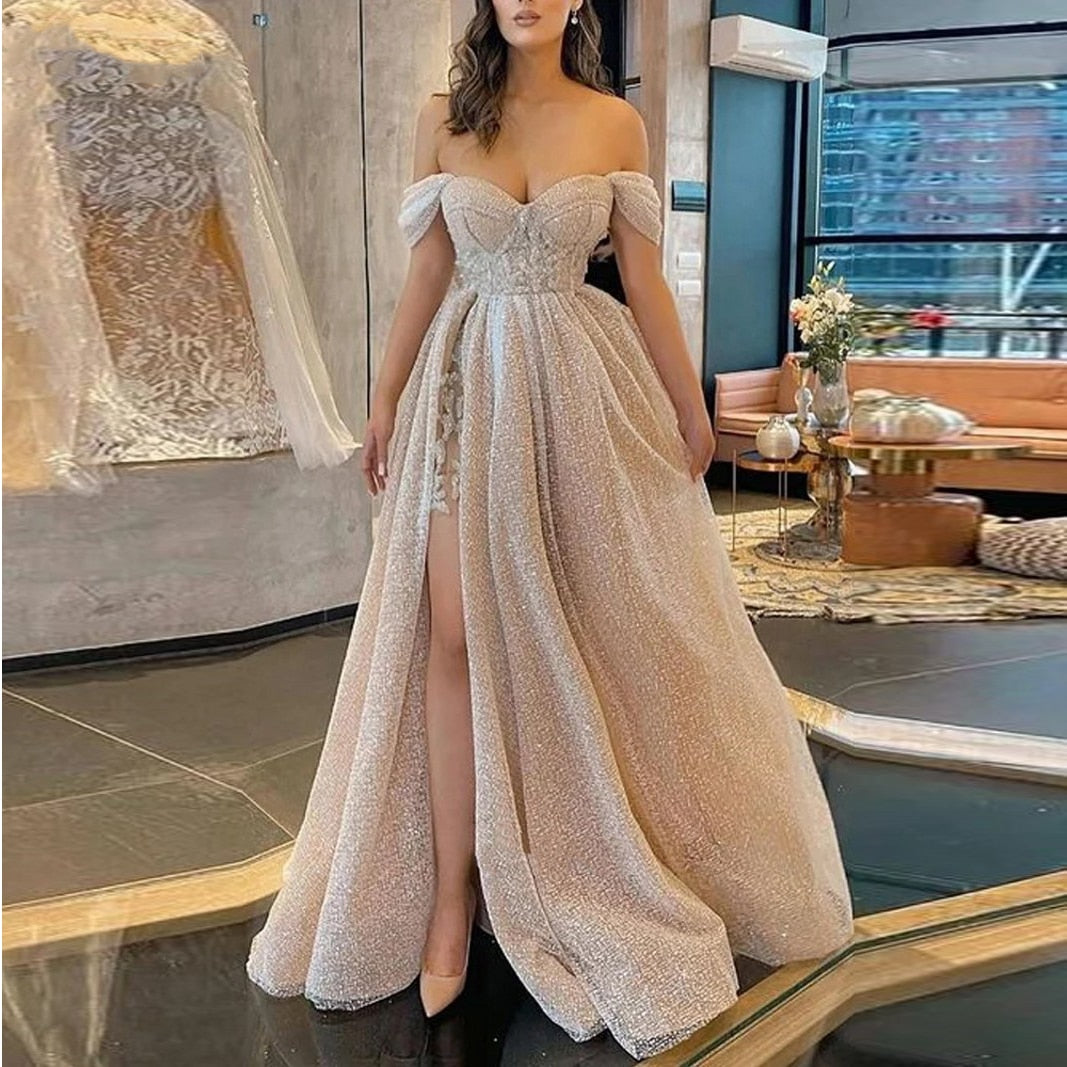 Champagne Sparkly Long with Slit Glitter Sequin Off the Shoulder A-Line Sweetheart Formal Evening Gown