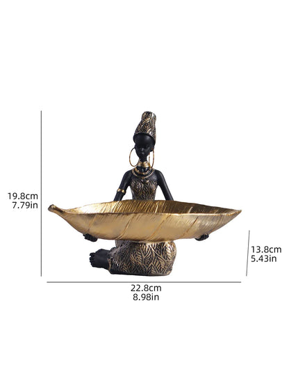 African Girl Resin Sculpture with Tray – Black & Gold Decor