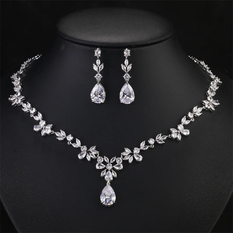 Water Drop Cubic Zirconia Jewelry Set – Romantic Necklace & Earrings for Women | Fashion Bridal Gift in Copper with CZ Sparkle