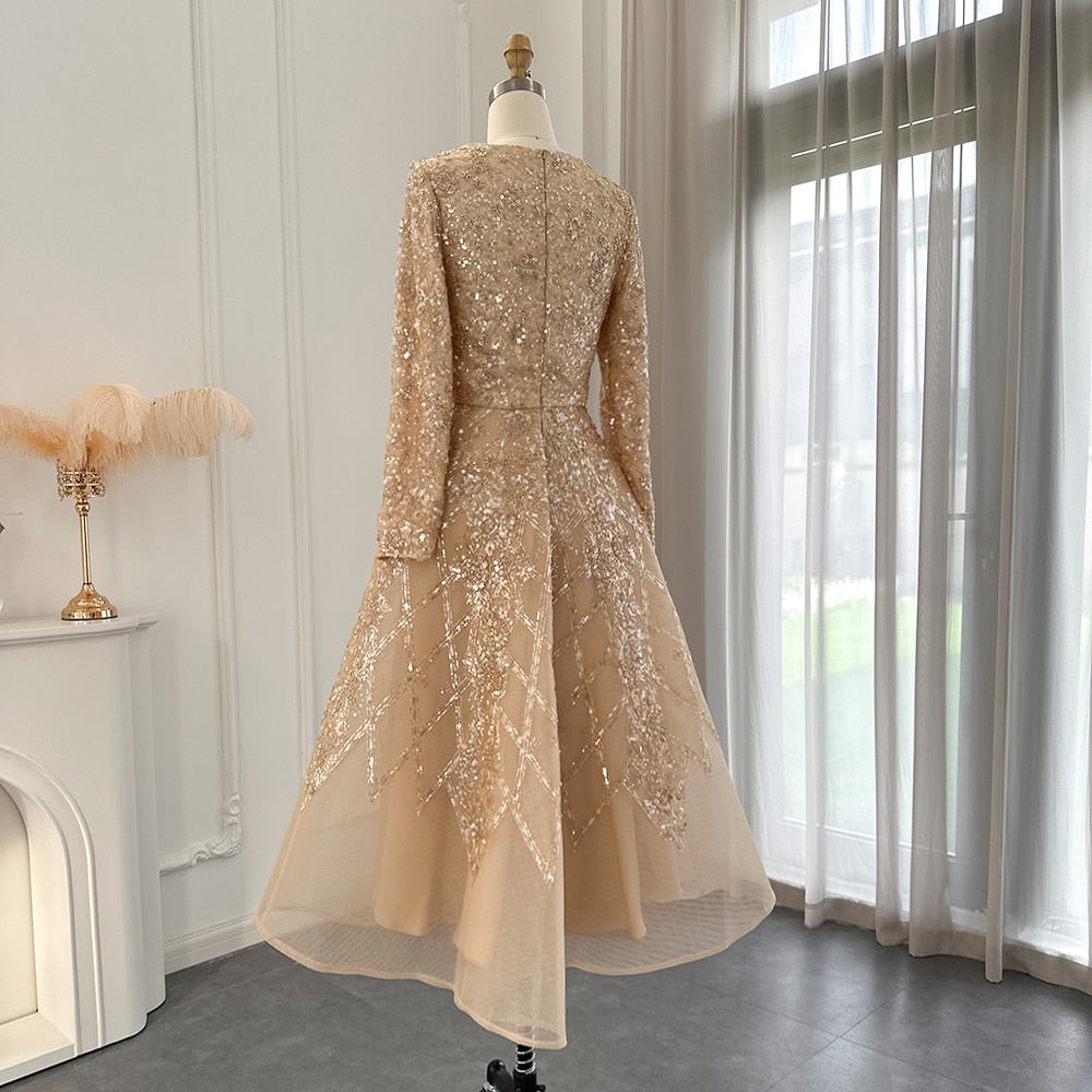 Luxury Champagne Long Sleeve Muslim Evening Dress | Ankle Length Formal Dress for Women Wedding Party Dress