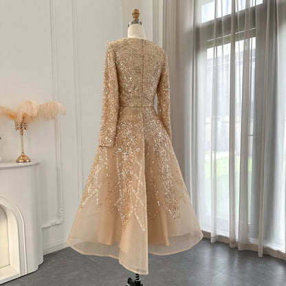 Luxury Champagne Long Sleeve Muslim Evening Dress | Ankle Length Formal Dress for Women Wedding Party Dress