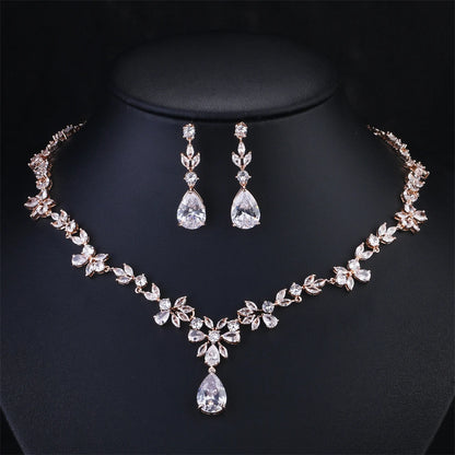 Water Drop Cubic Zirconia Jewelry Set – Romantic Necklace & Earrings for Women | Fashion Bridal Gift in Copper with CZ Sparkle