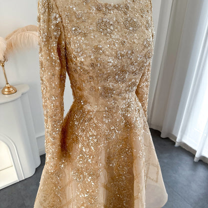 Luxury Champagne Long Sleeve Muslim Evening Dress | Ankle Length Formal Dress for Women Wedding Party Dress