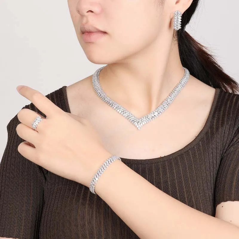 Luxury Bridal Jewelry Set for Women – Cubic Zirconia Necklace, Bracelet, Earrings & Ring | Wedding & Party Accessories