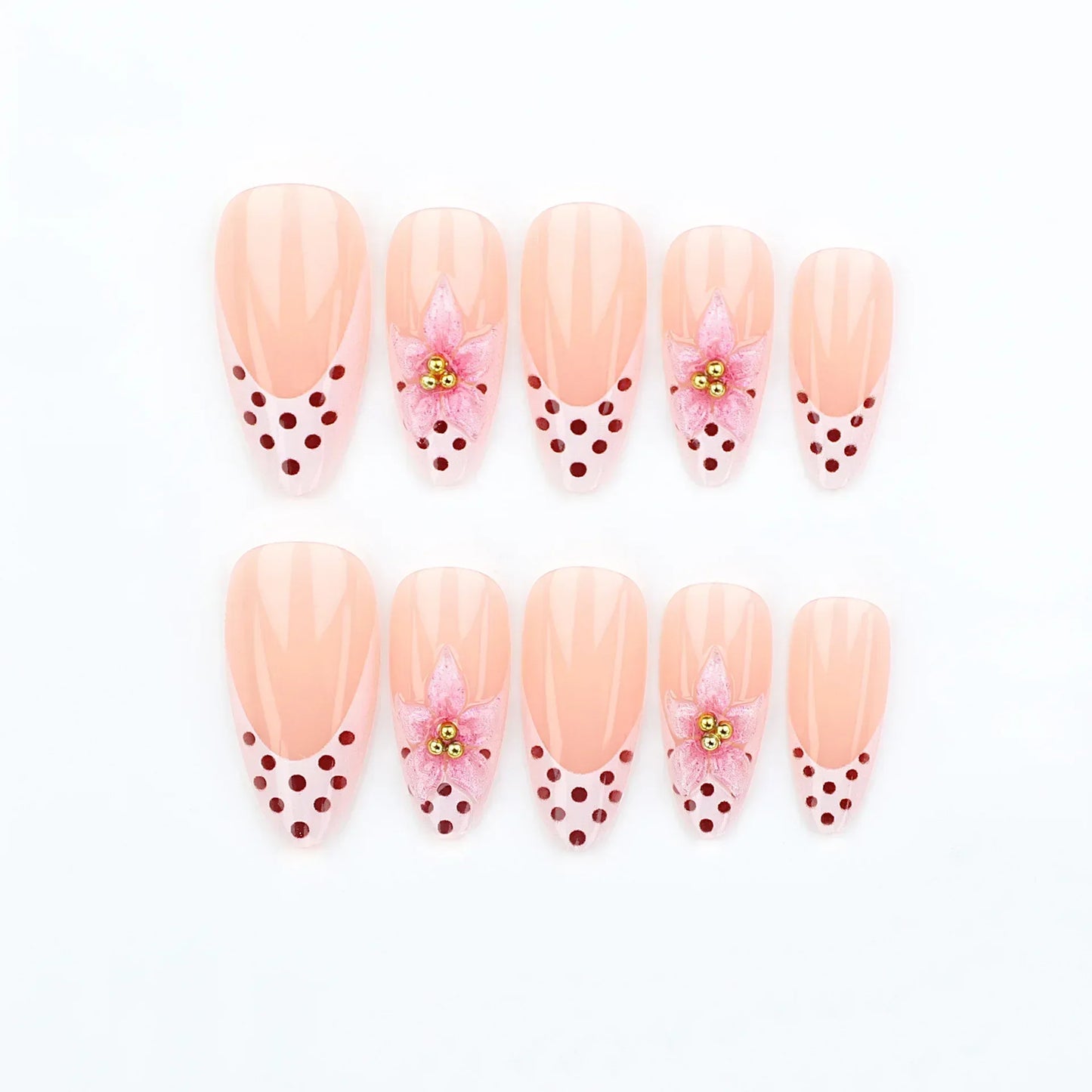 24 Pcs 3D Leopard Press On Nails – Medium Almond Acrylic Fake Nails with Polka Dot & Embossed Flower Design, Reusable Glue On Nails for Women