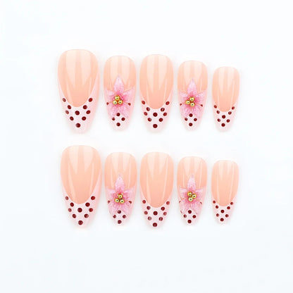 24 Pcs 3D Leopard Press On Nails – Medium Almond Acrylic Fake Nails with Polka Dot & Embossed Flower Design, Reusable Glue On Nails for Women