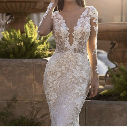 Luxury Lace Appliques Sequins Mermaid Wedding Dress | V-Neck Long Sleeve Backless Sweep Train Bride Gown