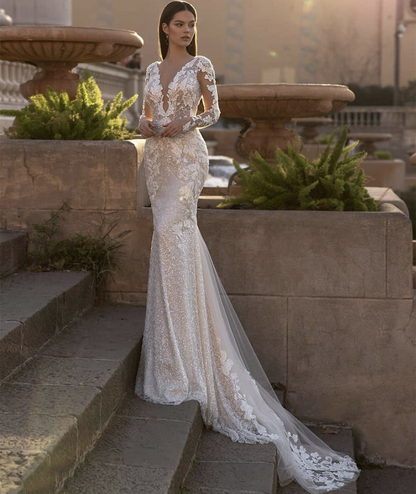 Luxury Lace Appliques Sequins Mermaid Wedding Dress | V-Neck Long Sleeve Backless Sweep Train Bride Gown