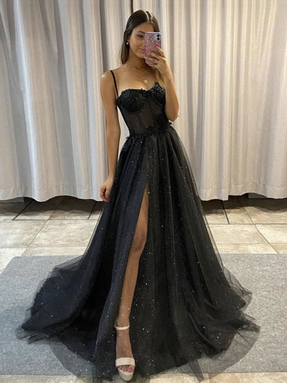 Black A Line Tulle Glitter Prom Dress | Spaghetti Straps Sweetheart Bones Side Slit 3D Flowers Long Evening Gowns