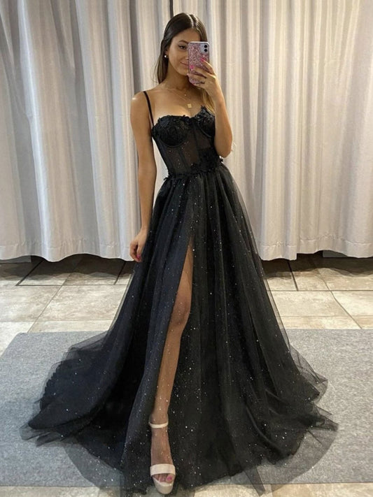 Black A Line Tulle Glitter Prom Dress | Spaghetti Straps Sweetheart Bones Side Slit 3D Flowers Long Evening Gowns