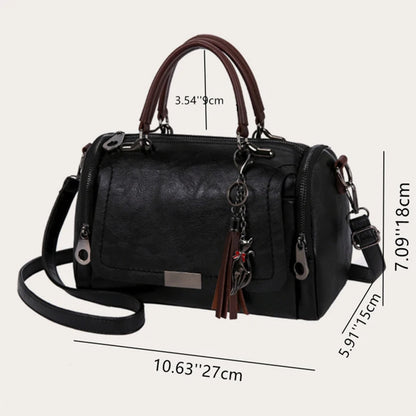 Tassel Decor Women’s Large Capacity PU Leather Shoulder & Crossbody Bag – Fashion Boston Handbag with Zipper and Removable Strap