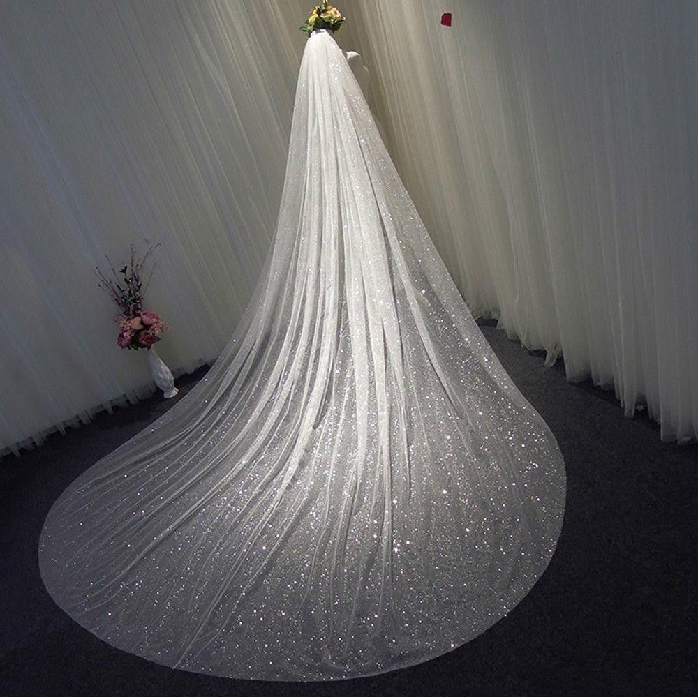 Bridal Veils Sparkly White Champagne Long Cathedral Glitter Wedding Veil With Comb