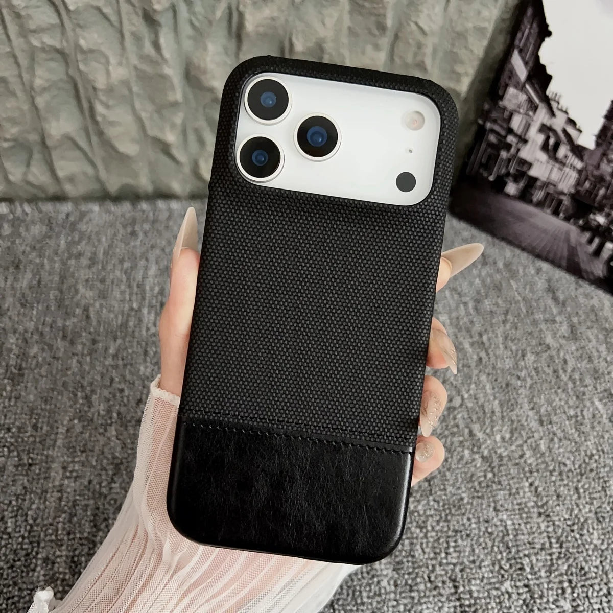 Luxury Leather Splice Business Phone Case For iPhone 17 Air / 16 / 15 Pro Max – Matte Weaving Frameless Shockproof Cover