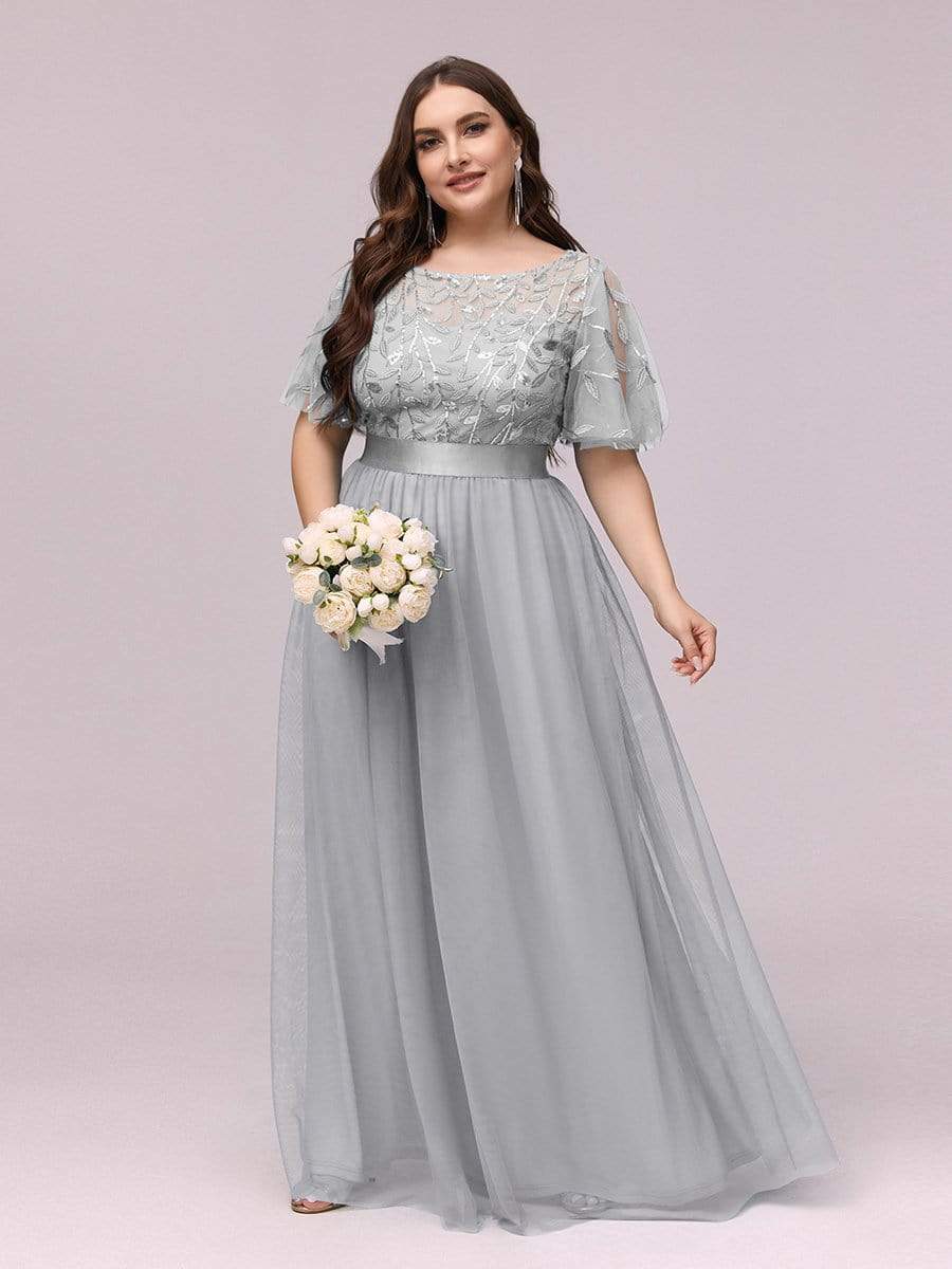 New Plus Size Sparkle Evening Dresses Long A-Line O-Neck Short Sleeve LONG Formal Dresses