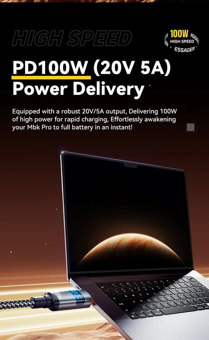 ESSAGER 100W USB-C to USB-C Fast Charging Cable – Digital Display Braided Data Cord