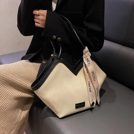 Korean Style Large Tote Bag – Fashionable PU Canvas Shoulder Bag for Women | Spacious Commuter Student Tote with Zipper Closure