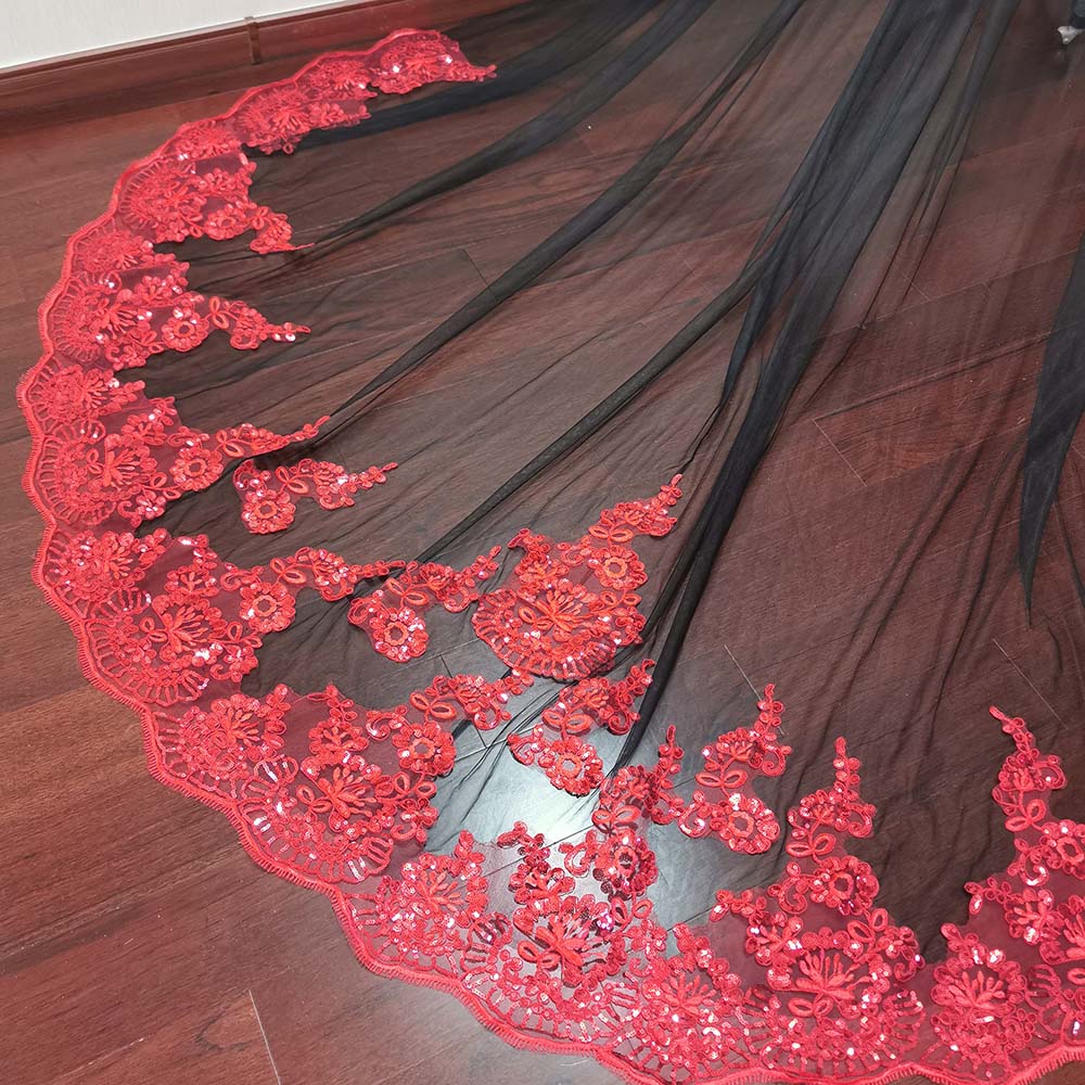 Wedding Veil Black Tulle Red Lace One Layer Long Bridal Veil with Comb