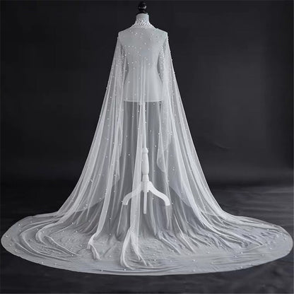 Pearls Wedding Veil, Long Bridal Cathedral Veil With Pearls on the Tulle (Light, Ivory & Champagne)
