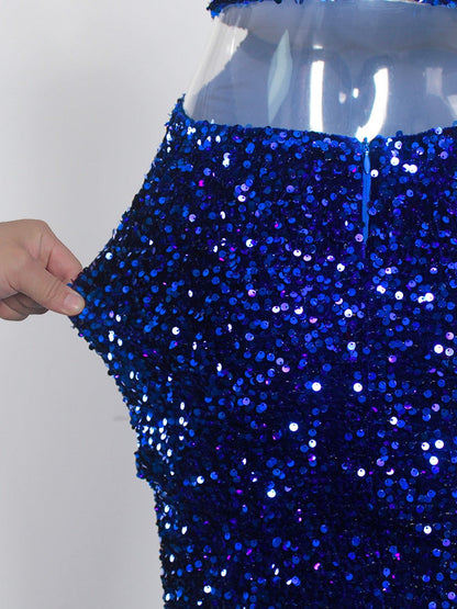 Royal Blue Split Sparkles Stretch Sequin Strapless Floor Length Padded Backless Evening Party Dress