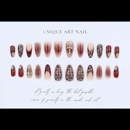 24 Pcs 3D Leopard Press On Nails – Medium Almond Acrylic Fake Nails with Polka Dot & Embossed Flower Design, Reusable Glue On Nails for Women