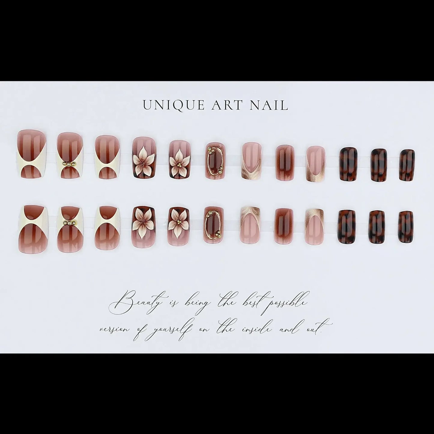 3D Leopard Flower Press On Nails – 24pcs Medium Square French Style