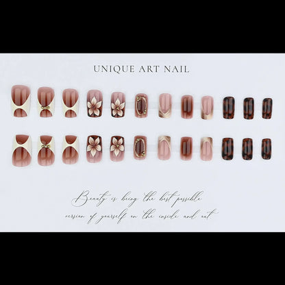 3D Leopard Flower Press On Nails – 24pcs Medium Square French Style