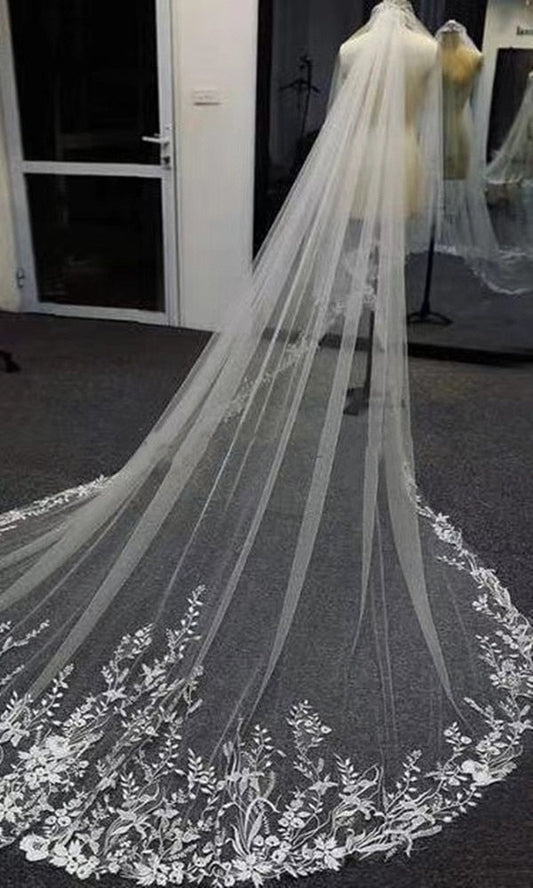 Sparkling White Ivory Long Bridal Veils | Wedding Veil Lace Appliques Soft Net Cathedral Veil