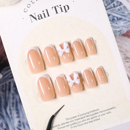 24 Pcs White French Press On Nails with 3D Bow – Short Square Acrylic Fake Nails, Reusable Full Cover Glue On Nails for Women, Ballet Y2K Style