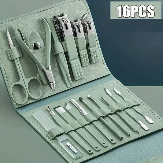 16pcs Professional Manicure & Pedicure Set – Stainless Steel Nail Clippers, Cuticle Nippers & Grooming Tools with Travel Case