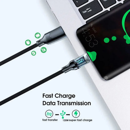 120W Fast Charging USB-C & USB-A Cable with LED Display – Braided Super Charge Cord