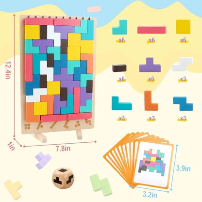 Wooden 3D Tetris Puzzle – Montessori STEM Brain Game for Kids (Ages 4–12)