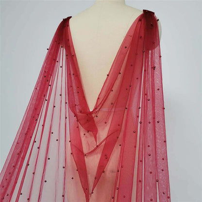Burgundy Pearls Wedding Cape with Pins, Long Pearls Veil