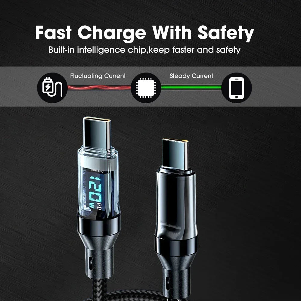 120W Fast Charging USB-C & USB-A Cable with LED Display – Braided Super Charge Cord