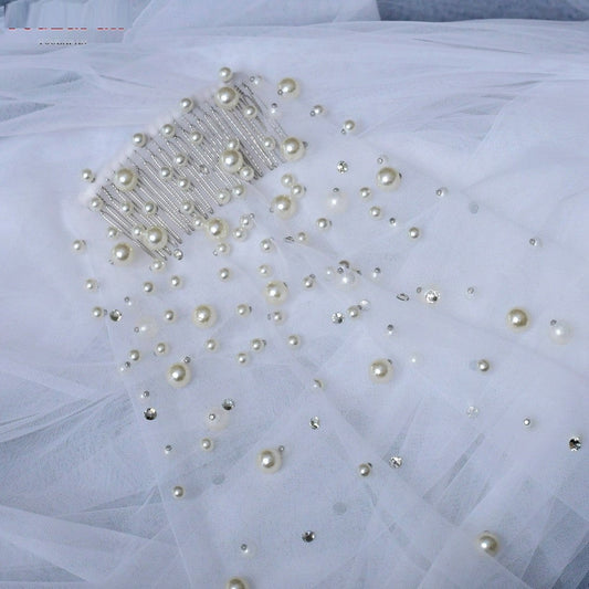 Bridal Veil Pearl Wedding Veil with Hair Comb | 1 Tier Long Crystal Rhinestone Scatter Wedding Veil